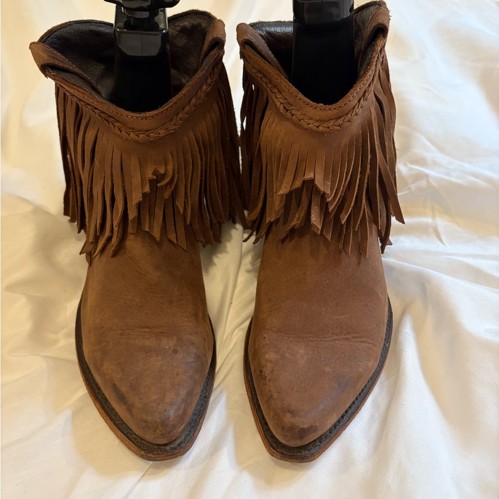 Liberty Black Brown Leather Boots with fringe details.